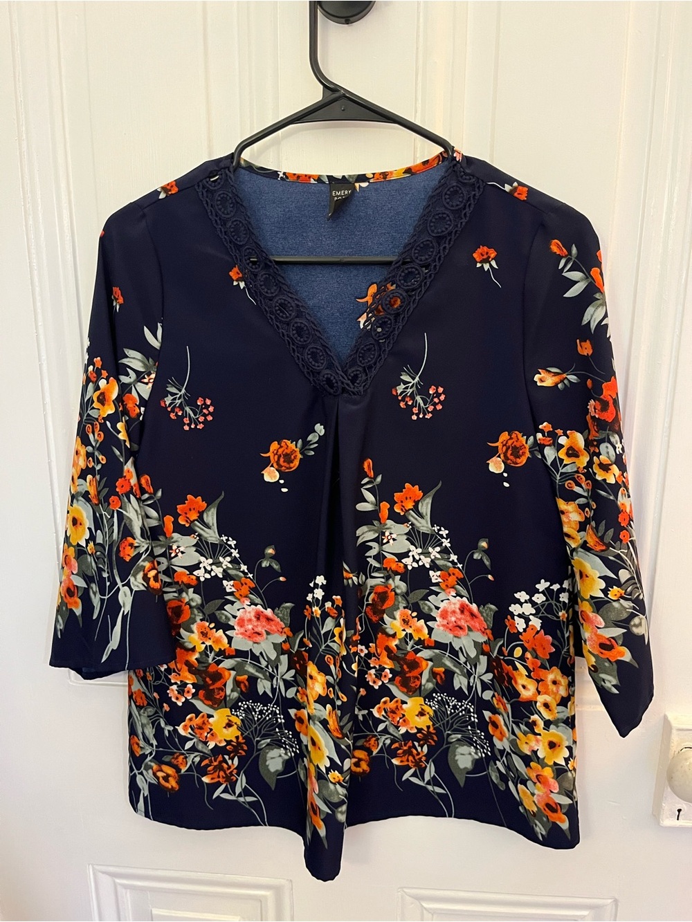 Navy Floral V-Neck Blouse with Lace Trim